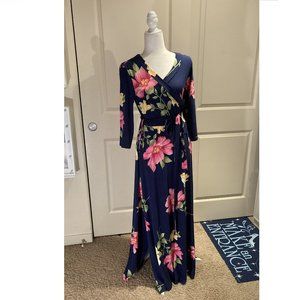 Awoo Navy Floral Maxi Faux-Wrap Dress